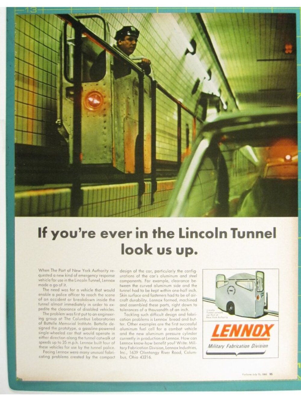 Print Ad Lennox Emergency Response Vehicle Lincoln Tunnel 1966 Vintage NJ NYC